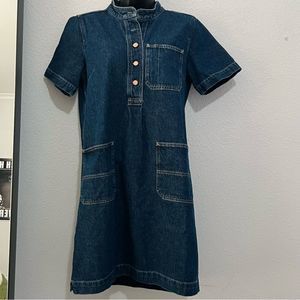 90s Gap Rigid Cotton Denim 1/4 Button Split Neck Short Sleeve Shirtdress XS